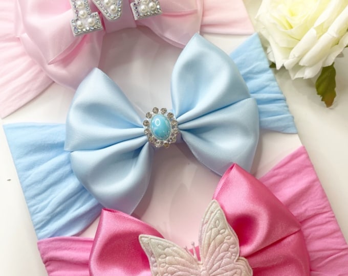 Baby Bow Headband: Pearl Initial, Butterfly, or Blue Embellishment