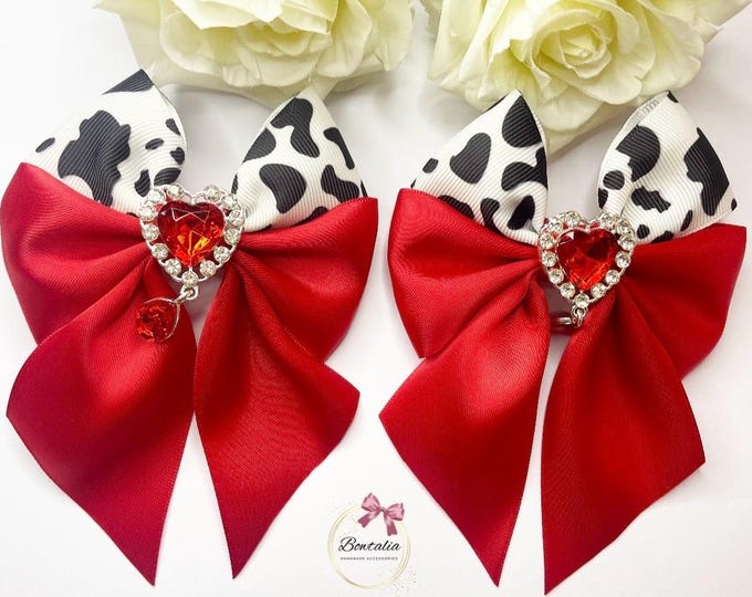 Cow Print Hair Bows: Red Heart Pigtail Clips