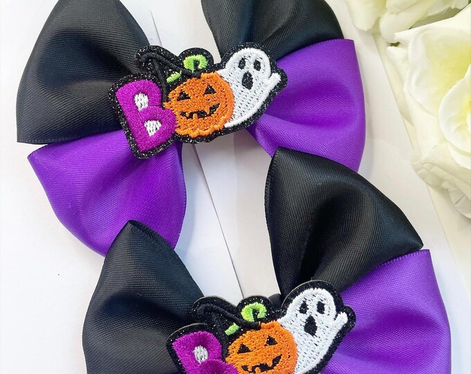 Halloween Hair Bows: Purple & Black Spooky Bow Clips