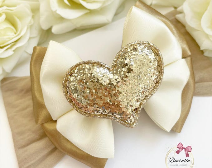 Sequin Heart Baby Bow Headband: Gold & Cream Festive Hair Accessory