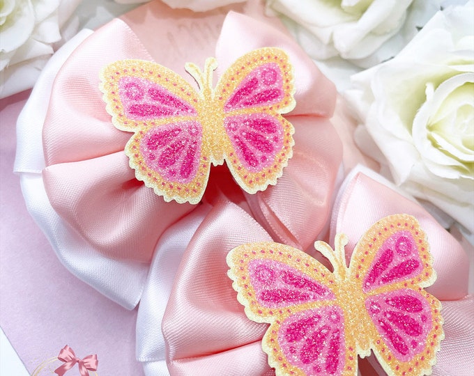 Butterfly Pigtail Bows: Peach & White Hair Clips (Set of 2)