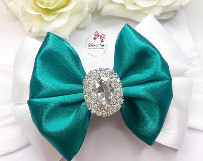 White & Jade Green Baby Bow Headband: Silver Diamanté Embellishment