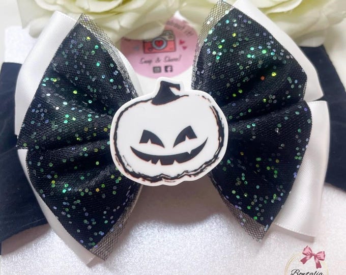 Pink & Black Halloween Hair Bow: Pumpkin Clip or Headband