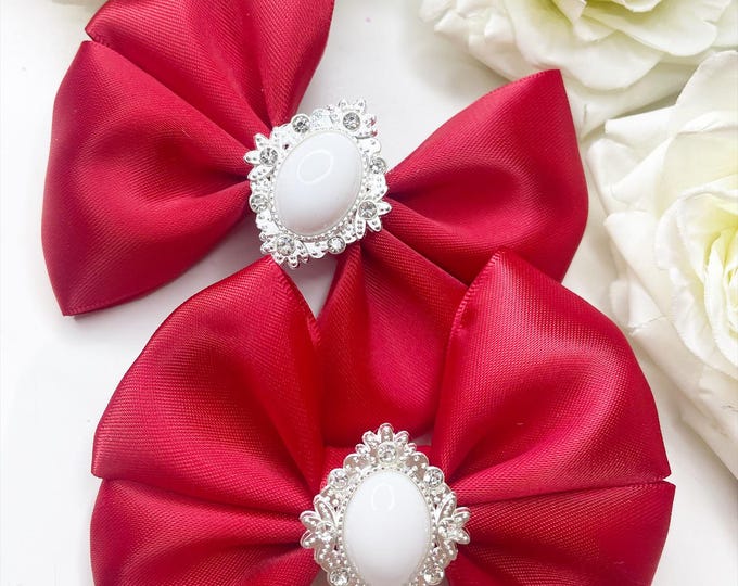 Red Satin Bow Pigtail Clips: Handmade Hair Accessories