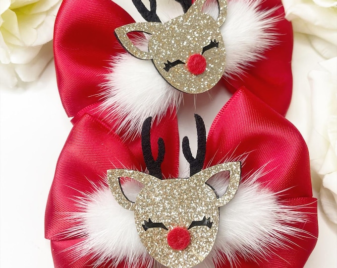 Reindeer Christmas Hair Bows: Pigtail Clips or Headband