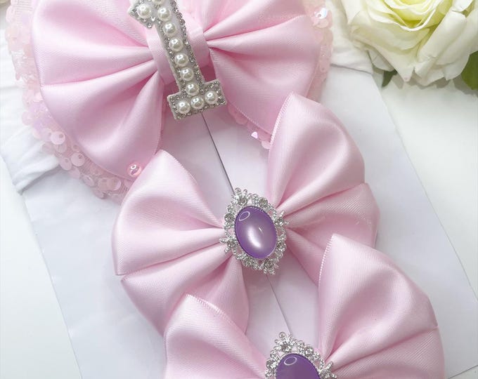 Sister Birthday Bow Set: Pink Sequin Bow, Pigtail Clips