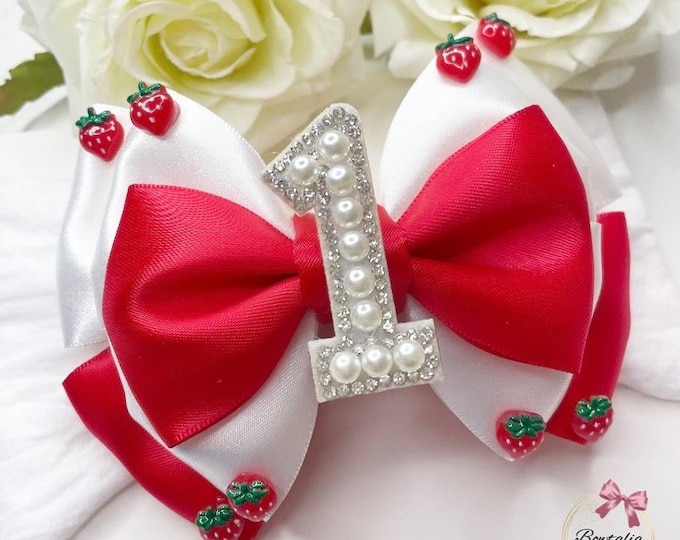 Strawberry 1st Birthday Bow: Red & White Baby Headband