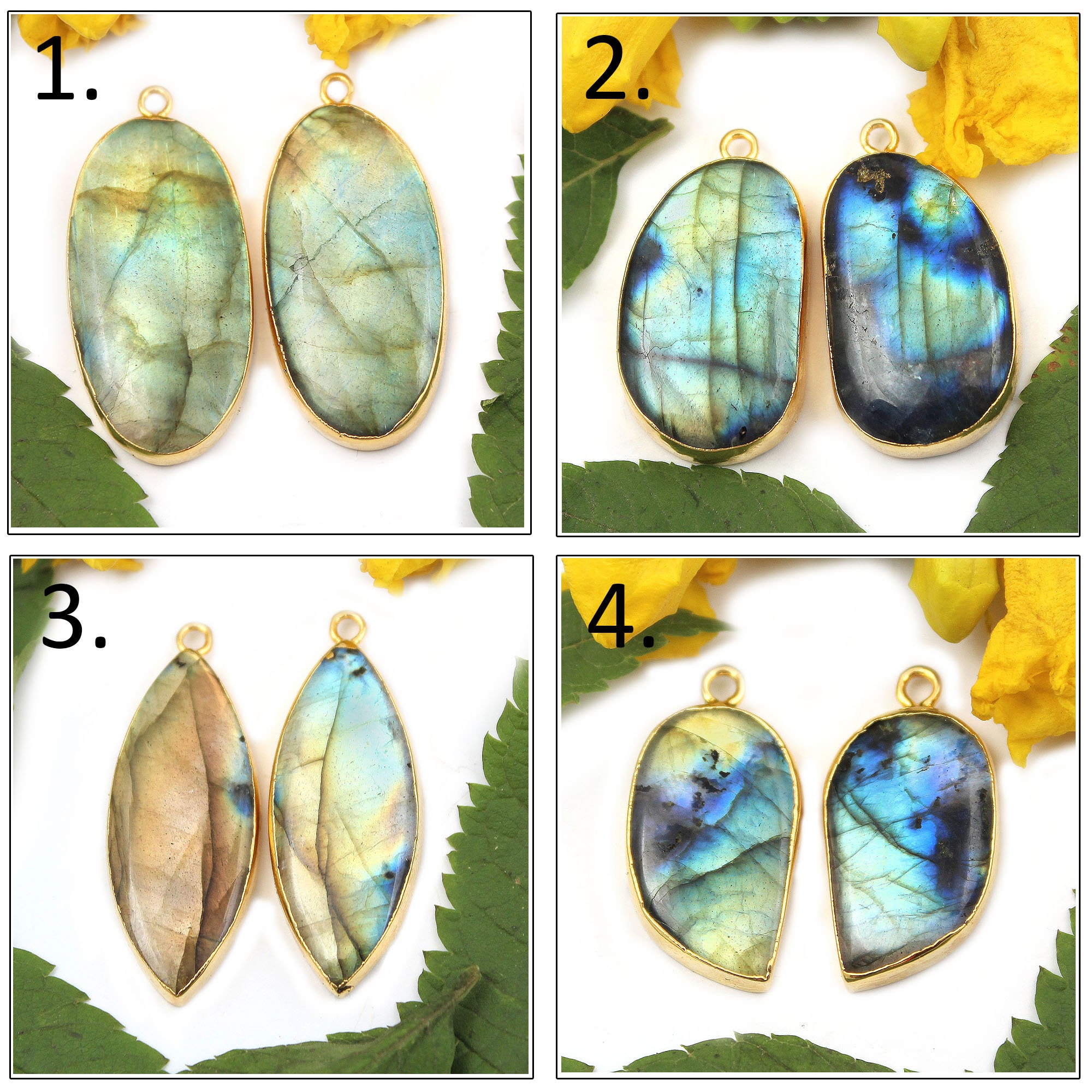 Round Shape Natural Fire Labradorite Gold Plated DIY Earring Pair Connectors