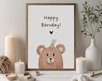 Happy Bärsday | Kunstdruck | A6 | A5 | A4 | Geburtstagskarte | Bär | Partyhut | handmade | Aquarell