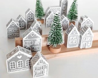 Mini Häuser | Weihnachtsdorf | 14-teiliges Set | Beton | Deko Haus | Lebkuchenhaus | handbemalt