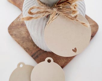 Etiketten | Label | Geschenkanhänger | Rohlinge | unbedruckt | klein | mit Herz | rund | 25 Stück | natur