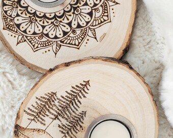 Teelicht | Holzscheibe | Brandmalerei | Tannen | Mandala | Tischdeko