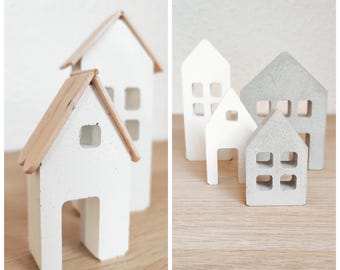 Haus | Deko | Beton | Lichterhäuser | mit oder ohne Holzdach | hellgrau | weiß | verschiedene Größen