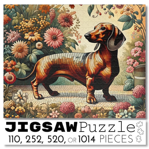 Dachshund Jigsaw Puzzle, Beautiful Mosaic Tile Portrait of a Majestic Dachsie in a Vintage Flower Garden Jigsaw Puzzle, Dackel Lover Puzzle