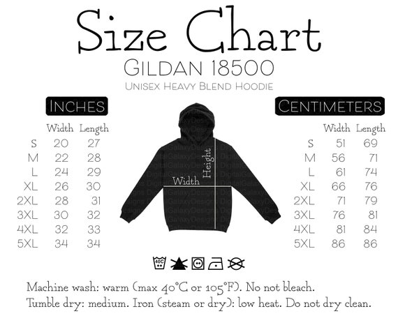 Black Gildan 16500 Size Chart, Black Gildan 16500 Unisex Heavy Blend Hoodie  Size Chart Product Information Inches and Centimeters Mockup