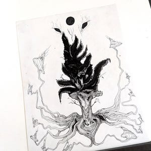 May include: Detailed black and white ink drawing of a tree with a complex root system and a dark, textured crown. The artwork features a black circle and three eye-like shapes above the tree, with flowing lines.