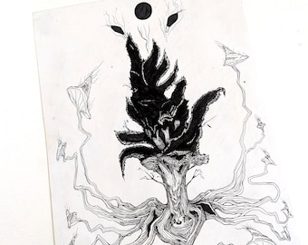 May include: Detailed black and white ink drawing of a tree with a complex root system and a dark, textured crown. The artwork features a black circle and three eye-like shapes above the tree, with flowing lines.