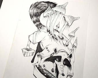 以下が含まれることがあります： キノコ型の髪と長い尻尾を持つアライグマの白黒イラスト。アライグマはカップケーキを持っています。画像は気まぐれでファンタジーなテーマを持っています。
