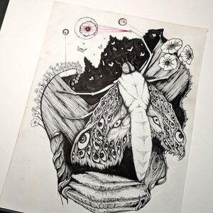 May include: Intricate black and white ink drawing of a moth with numerous eye-like markings on its wings. The artwork has a surreal, dreamlike quality, incorporating floral and landscape elements, and a question mark in the corner.