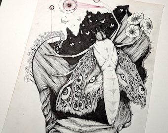 Moonlight Moth — Original Ink Drawing | Surrealistic Moth and Moon in the Trees