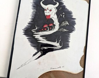 Invocación de Ciudad Losa — Dibujo original a tinta / Demonio en humo de porro (bordes quemados)