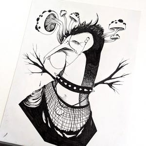 The Rot Beneath the Ice — Original Ink Drawing | Gothic Penguin with Mushroom Growths