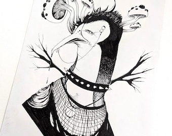 May include: A monochrome illustration depicting a creature with a long beak, mushrooms, and branches. The creature is styled with a studded collar and fishnet, creating a gothic and whimsical aesthetic.