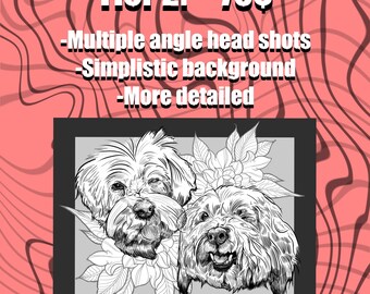 以下が含まれることがあります： 黒と白のイラストで、2匹の犬と花のアクセントが描かれ、黒いフレーム内の灰色の背景に配置されています。画像には「Tier 2:」と「-Multiple angle head shots -Simplistic background -More detailed.」というテキストが含まれています。