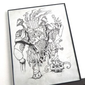 May include: A black and white pen and ink illustration of a surreal creature with mushroom elements and a skull. The artwork, featuring detailed patterns, is presented in a black frame.