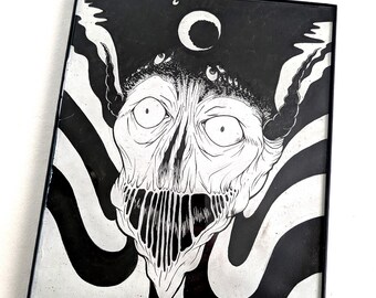 Error de transmisión — Dibujo original a tinta / Cara de demonio con fondo psicodélico surrealista