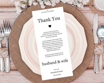 Printed/Personalized/Thank You Place Setting/Wedding Thank You Card/Wedding Thank You Card/Tabe Thank You Card/Wedding Place Setting/Min 25