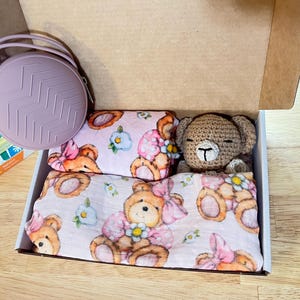 Baby girl gift set with handmade teddy bear baby lovey security blanket, muslin blanket, muslin burp cloths, pacifier holder, and rattle