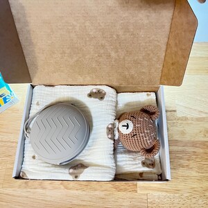Baby gift set with handmade teddy bear muslin swaddle blanket and hand selected baby pacifier holder and crochet rattle, gender neutral