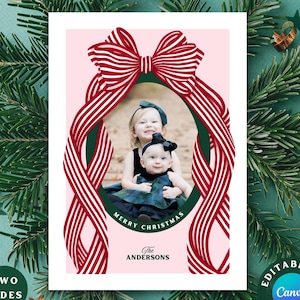 Bearbeitbare Hand gezeichnete kokette Bogen Weihnachtsfotokarten-Schablone druckbare Feiertags-Familienfotokarte-wunderliche Schleifenschleife zweiseitig mit Foto