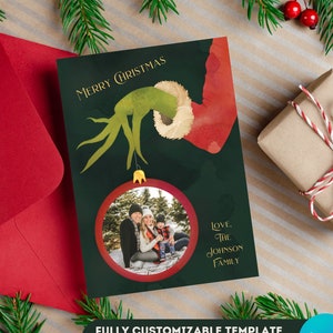 Modelo de cartão de foto de Natal do Grinch editável Grinch cartão de férias personalizado retro imprimível natal Feliz Grinchmas cartão de foto de família