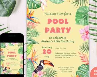 Editable Pool Party Birthday Invitation Template tropical birthday summer swimming pool party invite printable hawaiian luau pool party