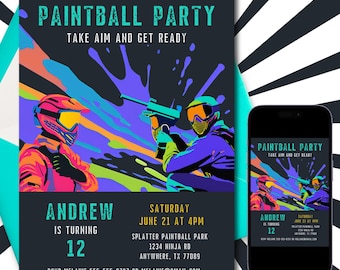 Paintball Birthday Party Invitation Template, Printable Paint Ball Party Invite Editable Gellyball paint splatters, Digital Download,