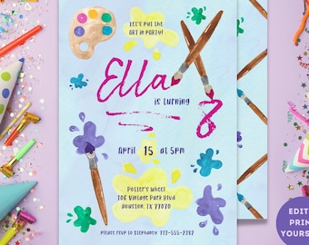 Editable painting party invitation art birthday girl invite craft party pottery painting party printable template kids colorful paint party