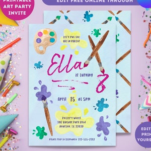 Puede incluir: Una invitación imprimible a una fiesta de arte azul y blanca con pinceles, salpicaduras de pintura y el texto "Let's put the art in party!"  Ella cumple 8 años.  15 de abril a las 5 pm.  Poller's Wheel 106 Vintage Park Blvd Houston, TX 77070.  Por favor, confirma tu asistencia a Stephanie al 713-555-2382.