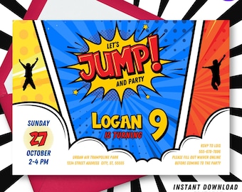 Editable jump party invitation superhero birthday party bounce house invite printable trampoline park comic book DIY template boy birthday