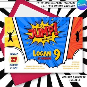 comic book style jump party invite featuring the word jump in stylized "pow" text above a comic strip background. Bright and colorful in blue, red, yellow, and white, the invitation also features clouds and kids jumping