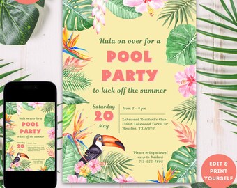 Tropical Pool Party Invitation template end of school year hello summer swim party invite printable summer pool party editable template