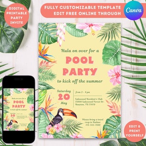 Tropical Pool Party Invitation template end of school year hello summer swim party invite printable summer pool party editable template
