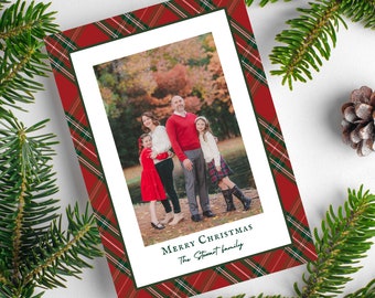 Editable Plaid Christmas Photo Card Template Printable Holiday Card double sided with photo collage Classic custom family picture xmas card