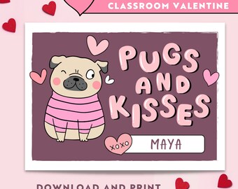Cute Pug Dog Printable Classroom Valentine for kids Valentines Day card personalized valentines gift tags instant download editable template