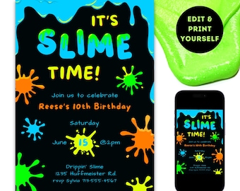 Editable Slime Birthday party invitation template printable slime party boy birthday party invite neon slime time instant digital download