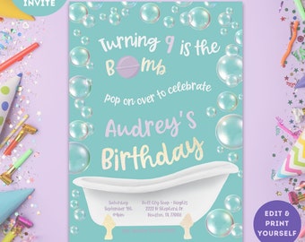Editable Bath Bomb Birthday Party Invitation Template Spa Party bath bomb making birthday printable invite girl birthday instant download