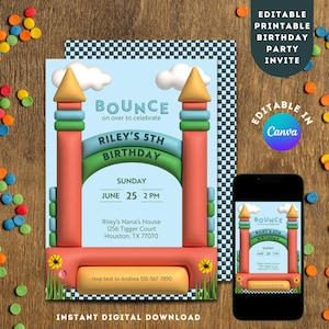 Editable Bounce House Birthday Party Invite Jump and Bounce Soft Play Bouncy Castle Printable Invitation Template DIY Kid&#39;s park bday party