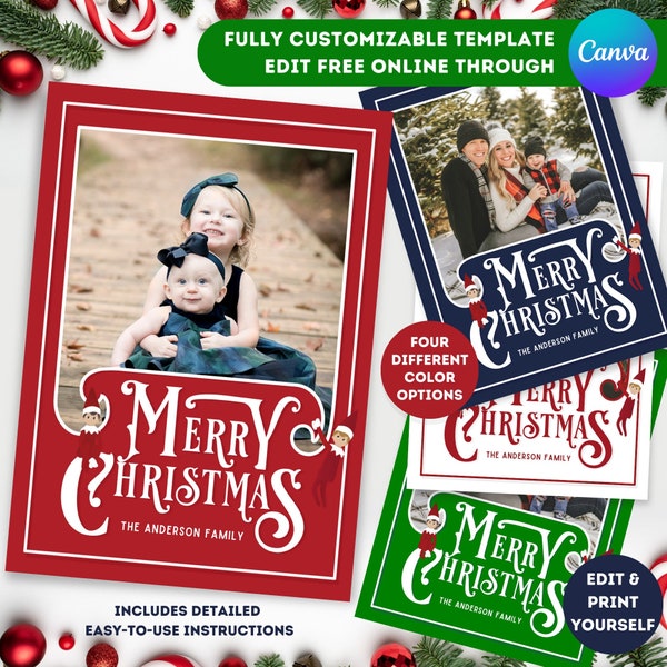 Funny Elf Photo Christmas Card Canva Template Holiday Card Retro Merry Christmas photo Card Printable Elves family photo collage card bundle