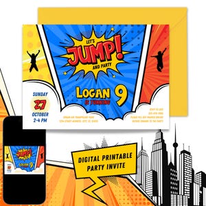 Pu&ograve; includere: Un invito digitale stampabile per una festa a tema fumetto. L'invito presenta uno sfondo rosso e giallo con un fumetto blu e bianco che dice "Let's Jump! And Party". L'invito include anche il testo "Logan 9 is turning" e la data e l'ora della festa. L'invito &egrave; progettato per essere stampato e utilizzato per una festa di compleanno.